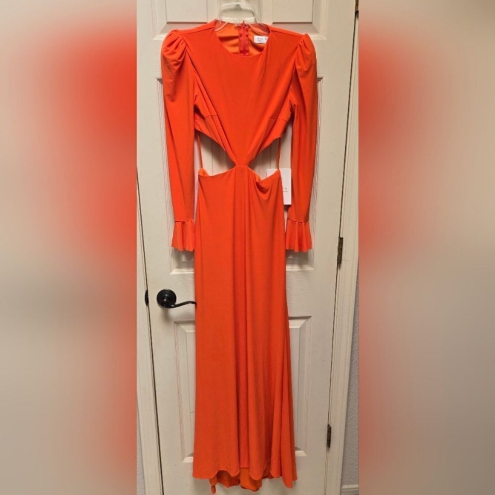 IEENA FOR MAC DUGGAL
Orange Long Sleeve Puff Shoulder Cut Out Gown - Picture 4 of 9
